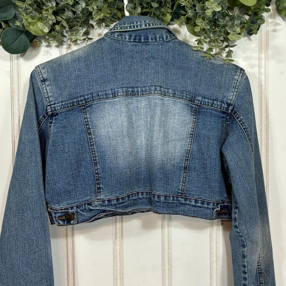 Younique Cropped Denim Jacket Junior Large Y2K Sandblasted Faded Vintage y2k - Picture 4 of 6